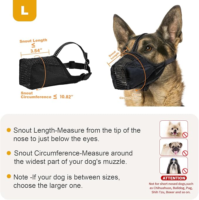 Mesh Dog Muzzle, Breathable Soft Dog Muzzle with Reflective Straps for Secure Fit, Prevents Biting, Chewing Scavenging – Adjustable for Small Medium Large Dogs,Black,L