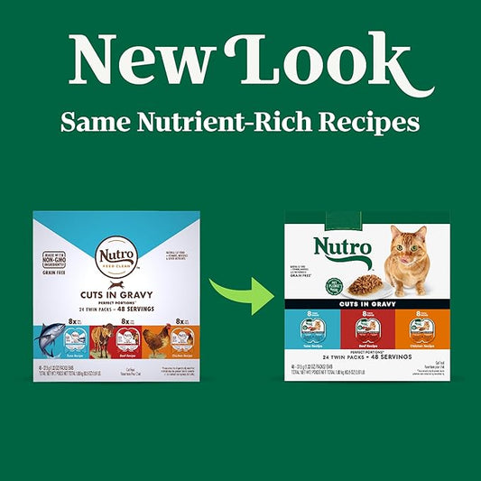Nutro Perfect Portions Wet Cat Food Cuts in Gravy Multipack, Adult Cat Food Wet Beef, Tuna, and Chicken Recipes, 2.64 oz Twin-Pack Trays (24 Count, Pack of 1)