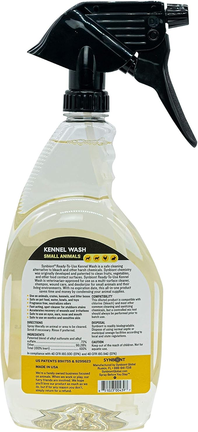 Synbiont Kennel Wash 32 oz Ready to Use - Cleaner & Deodorizer for Birds, Cats, Dogs, Rabbits, Chickens - Dog Kennel Deodorizer Alternative - Pet Shampoo