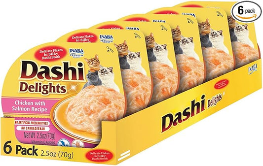INABA Dashi Delights for Cats, Shredded Chicken Side Dish with Bonito Flake Broth, Cat Food Complement with Taurine & Green Tea Extract, 2.5 Ounce Cup, 6 Cups Total, Chicken with Salmon Recipe
