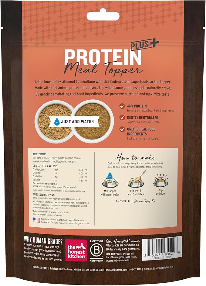 The Honest Kitchen Human Grade Protein Plus+ Dehydrated Meal Topper: Grain Free Beef Superfoods, 12oz Pouch