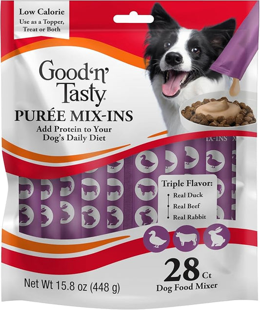 Good 'n' Tasty Triple Flavor Puree Mix-Ins Dog Food Topper Treats for All Dogs, 28 Count, Easy Single-Serve Portions, Added Protein with Duck, Beef and Rabbit, No Chicken Added