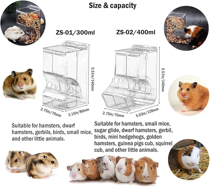 Hamsters Feeder Small Animals Automatic Dispenser Acrylic Clear Pet Food Storage Bowl for Dwarf Hamster Gerbils Mice Hedgehog Guinea Pig Pigeon Parrots (300ML)