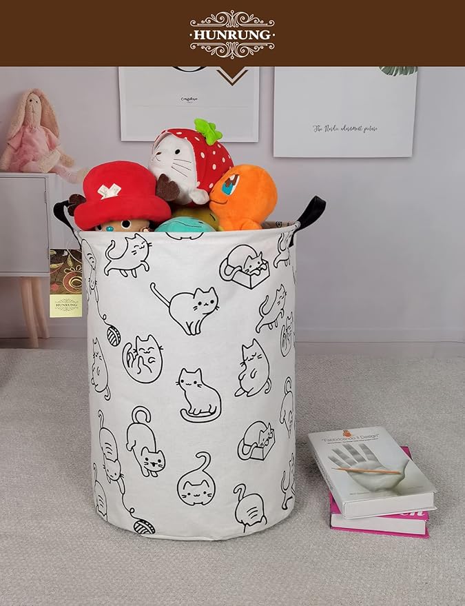 Collapsible Fabric Storage Basket, Waterproof Laundry Hamper with Handles, Round Storage Bin for Clothes Toys, Foldable Organizer for Bedroom Nursery Bathroom(Round-Black cat)