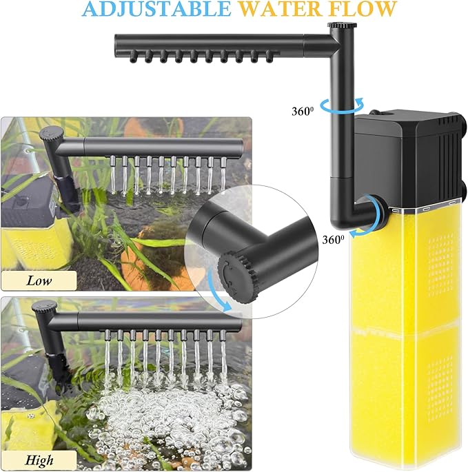 FEDOUR 10W 15W 20W Aquarium Submersible Filter, Quiet Fish Tank Internal Filter with Spray Bar, Powerful Aquarium Filter for 5-80 Gallon Tank(15W for 15-50Gallon)