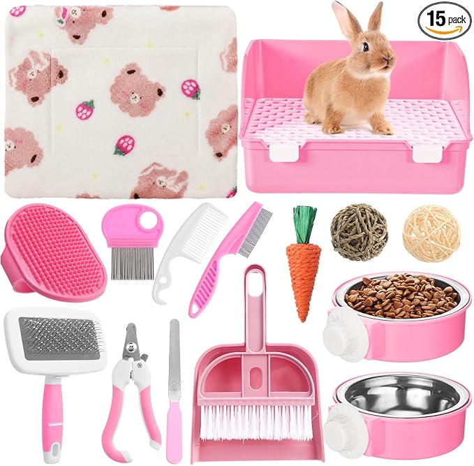 Reallnaive 15 Pcs Rabbit Starter Kit Small Rabbit Litter Box Girls Gift Animal Grooming Kit Bunny Toys Bowl Blankets with Cleaning Set for Guinea Pig Accessories(Light Pink)