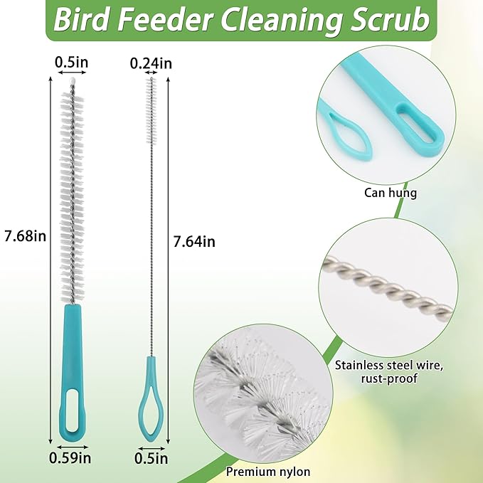 5Pcs Bird Bath Brush Kit, Larbeti 1P Hard Silk Bristle Bird Bath Cleaner Brush, 2P Hummingbird Feeder Cleaning Scrub, 1P Steel Wire Scrub, 1P Clean-Cloth to Hummingbird Feeders, Bath Feeder