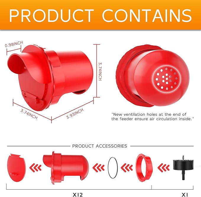 Chicken Feeder Port 12 Pack - No Waste DIY Poultry Feeding Kit with Stopper Lid & Hole Saw, Reusable Rain Proof Automatic Coop Gravity Feeder for Hens Ducks Geese (Red)