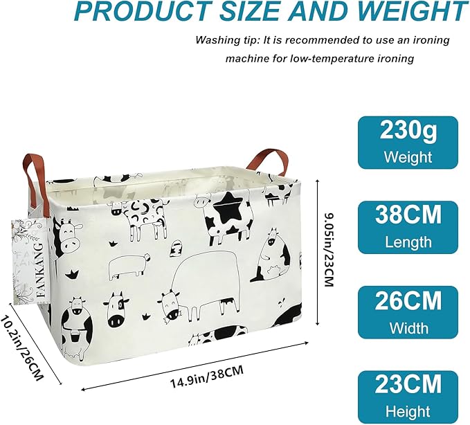 Storage Basket,Nursery Hamper Canvas Laundry Basket Foldable with Waterproof PE Coating Storage, Office, Bedroom, Clothes,Toys(L, Rec-cows)
