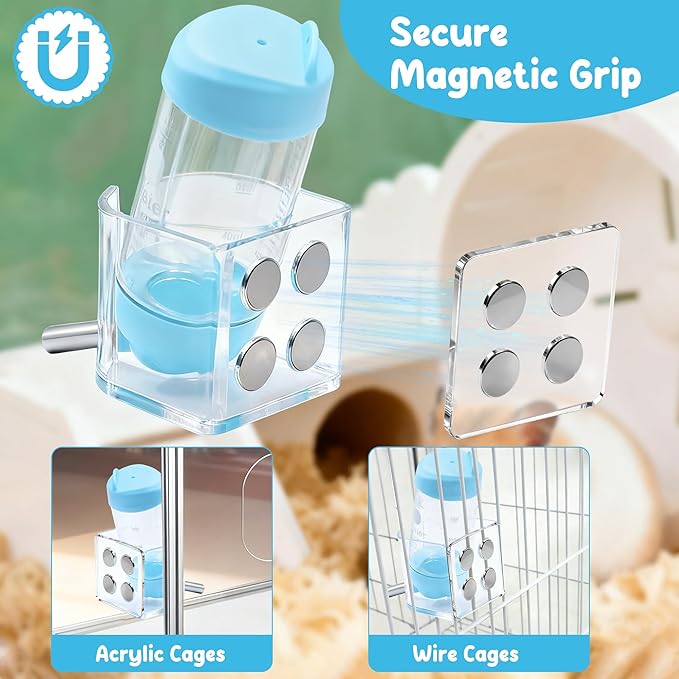 Magnetic Hamster Water Bottle Holder with Water Bottle, Adjustable Height Drop-Resistant Stand, Fits Bottles up to 2" Dia, Universal for Small Pets (Hamsters, Gerbils, Mice), Hamster Cage Accessories