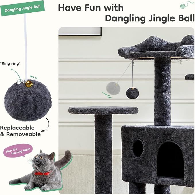 DUMOS 54 Inch Indoor Cat Tree Tower with Scratching Posts, Multi-Level Pet House for Large Cats with 2 Condos, Round Platform, Small Ladder, and Toys – Perfect for Cats of All Ages, Dark Grey
