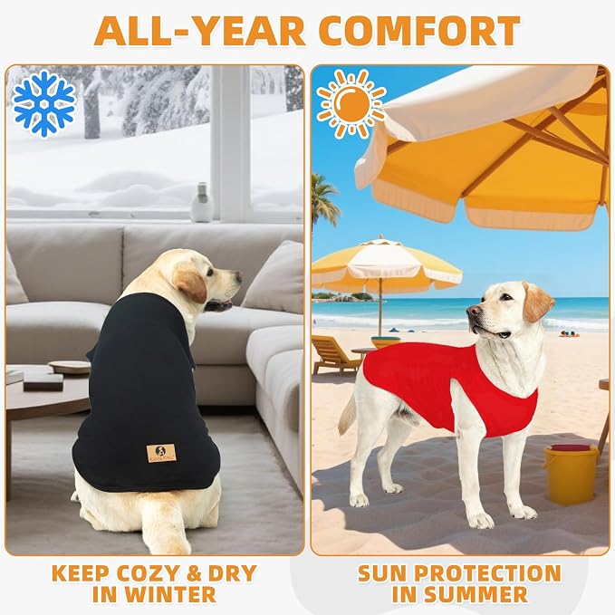 KOOLTAIL Large Dog Clothes for Boy Girl, 2 Pack Cotton Summer Dog T Shirts UV & Insect Protection for Outdoor Camping, Anti-Hair Loss Breathable Sleeveless Pet Vest Tank Tops Apparel, Black&Red, L