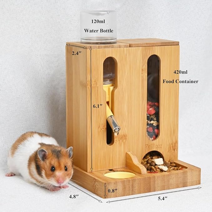 Adjustable Hamster Water Bottle Stand and Feeding Station, Bamboo Wood 2-in-1 Food Bowl Holder, Small Animal Hideout Accessorise for Syrian and Dwarf Hamsters