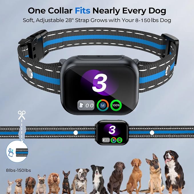 RPZ Smart Dog Bark Collar for Small Medium Large Dogs 8-150 Lbs, Blue | Rechargeable anti barking collar with bark count tracking, 4 training modes, 3 sensitivity levels and IP67 waterproof
