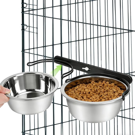 Dog Crate Water Bowl No Spill, 2 Pack Pet Stainless Steel Kennel Food Bowls | Hanging Non-tipped Design, Holds 27oz/Bowl, Promotes Elevated Feeding, for Kennel & Cage, Durable Metal Construction