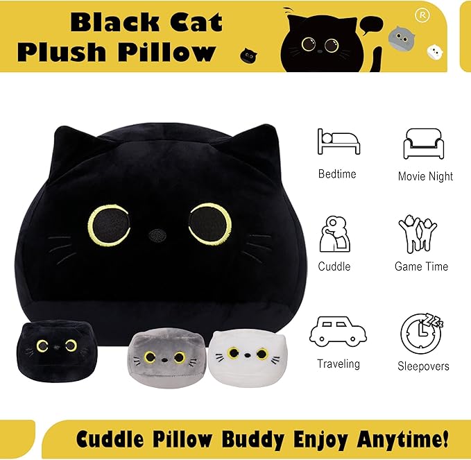 WeBingo Black Cat Plush Toy 4-Piece Set, 16'' Giant Cat Stuffed Animal Plushies Pillow with 3 Babies for Girl Boy Kid Adult, Large Big Soft Gift for Birthday Christmas Valentine's Day Home Decor