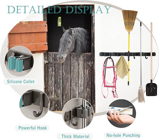 Horse Whip Crop Holder with Bridle Hooks, Stall Tool Holder Horse Tack Rack Wall Mount Bridle Rack Organizer Horse Stables Supplies Storage Rack Stall Hanger Accessories