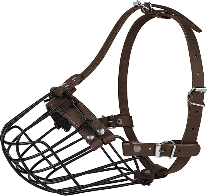 Pitbull Dog Muzzle Breathable Metal Basket for Large Dogs Amstaff Staffordshire Terrier Secure Wire Mask Adjustable Durable Leather Straps Biting Chewing Barking (Dark Brown)