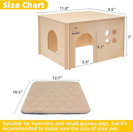 PAWCHIE Guinea Pig House Hide - Wooden Hideout for Chinchilla Small Animals, Habitat with Windows Guinea Pig Hamster Rat Living, Rectangular Hut with Pee Pad