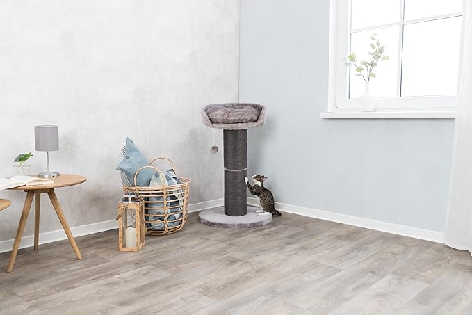 TRIXIE Pepino Cat Scratching Post 35 Inch - Cat Scratcher with Soft Fabric Covering Base and Durable Sisal Rope - with Platform Bed & Dangling Cat Toy - in Gray
