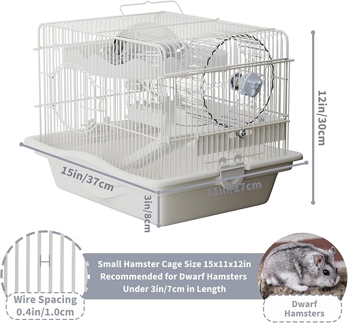 Mini Hamster Cage Starter Kit 15”Lx11”Wx12”H for Dwarf Hamster & Robo Hamster with Multilevel Platforms, Exercise Wheel, Transparent House, Ladder, Water Bottle, Food Bowl, White