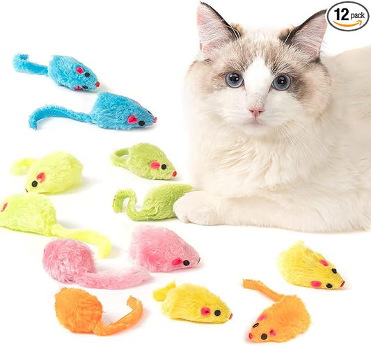 MeoHui 12PCS Rattle Cat Mouse Toys also Prefilled Catnip, 2.36” Mice Body Size, Faux Fur Cat Mice Toys with Plastic Body, Interactive Catnip Toys for Indoor Cats Play Fetch