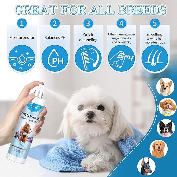Pjordo Dog Detangler Spray, Natural Dog Leave in Conditioner Spray with Deshedding Brush and Metal Comb, for Grooming and Mat Removal (Lavender)