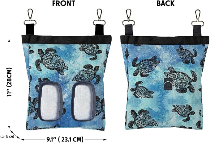 WIRESTER Oxford Hanging Guinea Pig Hay Feeder 11x9 Inch, Rabbit Hay Feeding Storage Bag for Bunny Chinchilla Hamster with Back Hooks, 2 Holes - Ocean Sea Turtles