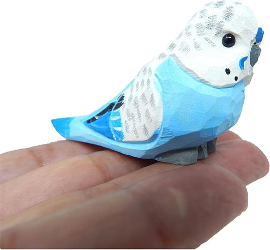 Selsela Hand-Carved Blue Parakeet Figurine - Miniature Wooden Budgie Bird Statue Sculpture, Handmade Animal Sculpture, Vibrant Home Decor & Collectible Gift