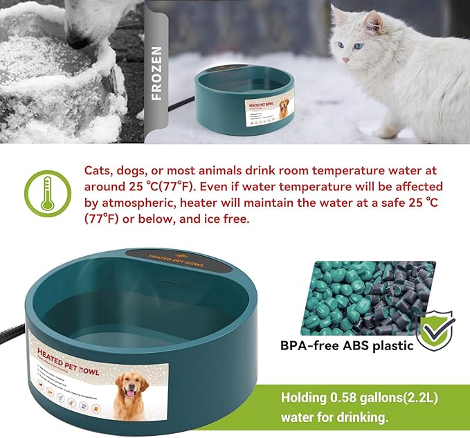 NAMSAN Heated Water Bowl for Outdoor Cats, 2.2L Heated Dog Bowl, Provides Drinkable Water in Winter, Heated Pet Drinker for Chickens Rabbits Birds Bath, Livestock Thermal Watering Trough