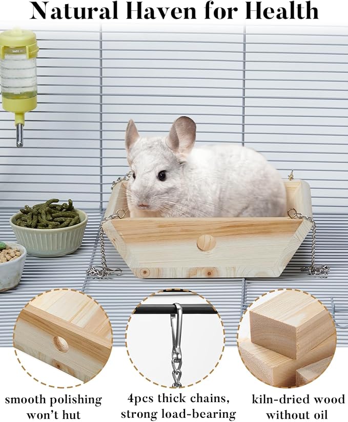 Natural Wood Chinchilla Hammock for Cage Swing, Chinchilla Bed Hanging, Wooden Chinchilla Toys and Cage Accessories, Chinchilla House Hut Ledges And Platforms Enrichement, Indoor Chinchilla Habitat