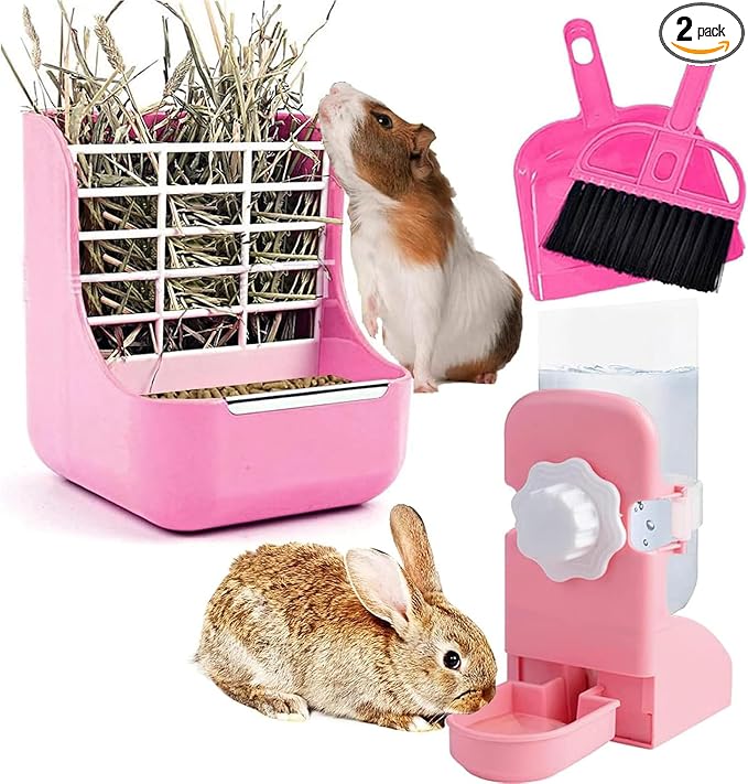 HERCOCCI Rabbit Hay Food Bin Feeder and Bunny Water Bottle Set, Hay Food Feeder Bowls Manger Rack with 500ml Hanging Water Dispenser Prevent Knock Over for Rabbit Guinea Pig Chinchilla (Large, Pink)