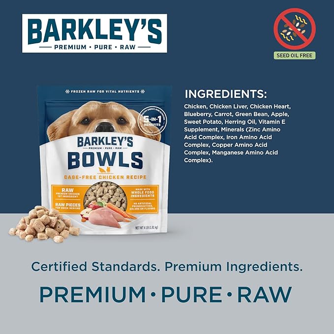 Barkley’s Bowls, Frozen Raw Chicken Dog Food, Fresh Whole Food Ingredients, Cage-Free Chicken, Grain Free, Dog Food Toppers, Human Grade Ingredients, All Dog Breeds, Ages, & Sizes, 4 lb Bag (3 Pack)