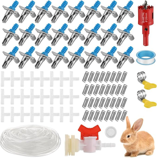 Automatic Rabbit Watering System, Rabbit Automatic Waterer Kit, 24 Pcs Drinkers with 5/16" Hose, T-Fittings, Springs, Drill, and Gasket for Bunny, Chinchilla