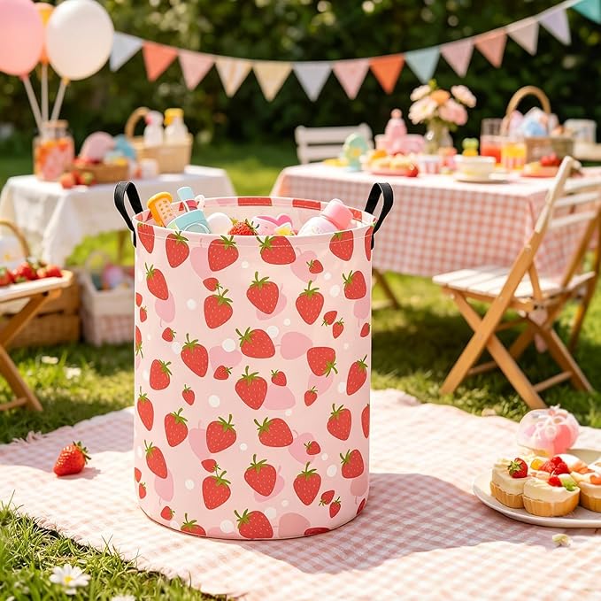 Collapsible Fabric Storage Basket, Waterproof Laundry Hamper with Handles, Round Storage Bin for Clothes Toys, Foldable Organizer for Bedroom Nursery Bathroom(Round-Pink Strawberry)