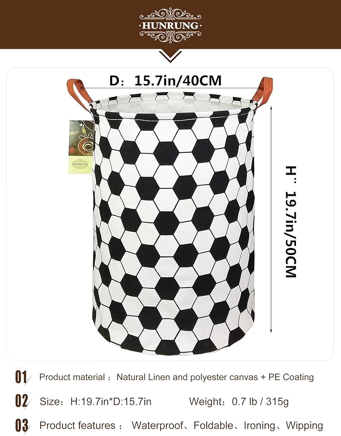 Collapsible Fabric Storage Basket, Waterproof Laundry Hamper with Handles, Round Storage Bin for Clothes Toys, Foldable Organizer for Bedroom Nursery Bathroom(Roud-Football)