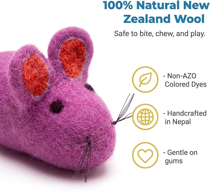 Glaciart One Felt Mouse Cat Toy – Soft Fuzzy Enrichment 100% Natural Wool - Interactive Catnip Play Cat Toy Set - Safe for Pets, Non-AZO Colored Dyes - 100” Long