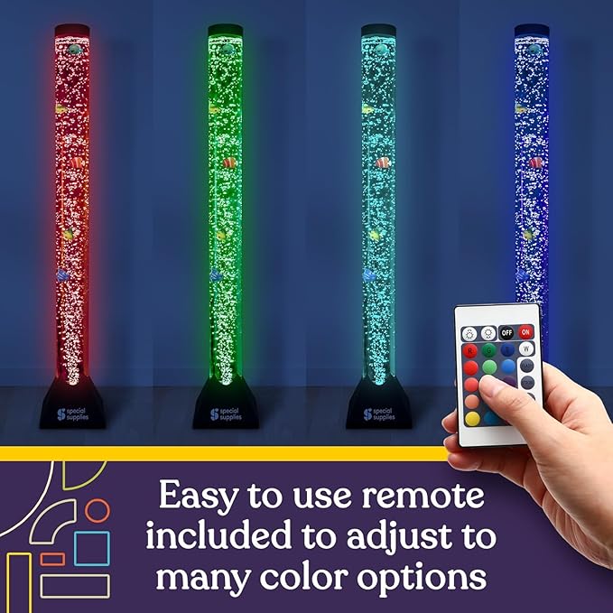 Special Supplies Aquarium Sensory Fish Bubble Light Tube with 16 LED Color Changing Nightlight Effect, Remote Control, and 8 Fishes, Colorful Floor Standing Lamp for Kids and Adults (4 feet) (Style 1)