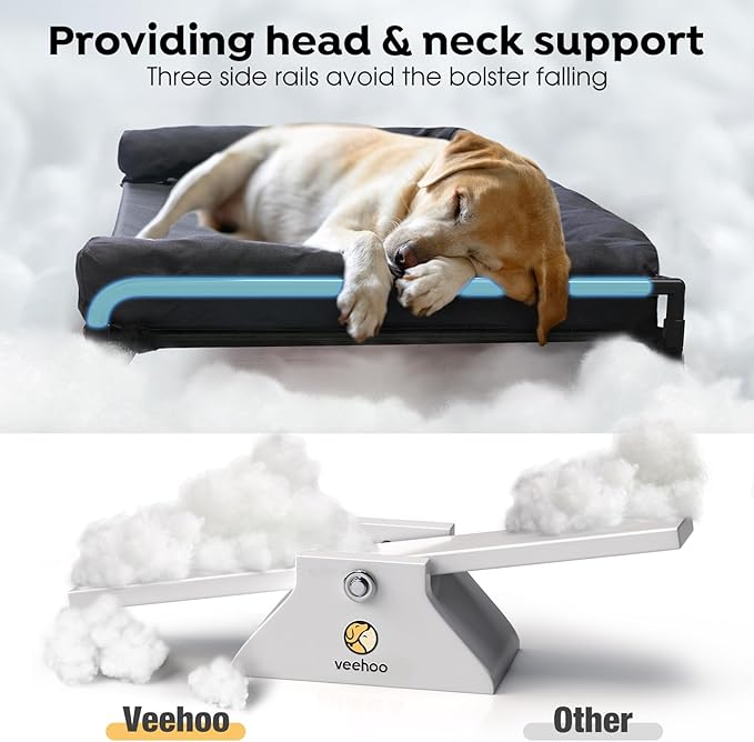 Veehoo Elevated Raised Dog Bed-Cooling Outdoor Dog Cot Bed for Medium Sized Dogs Three-Sided Fence Raised Pet Cot with Mesh & No-Slip Feet Dog Hammock Bed with Removable Bolster-29 x 18" Black