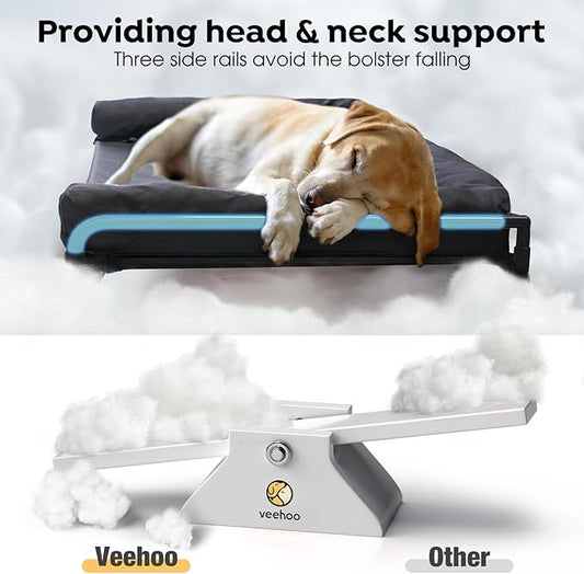 Veehoo Elevated Raised Dog Bed-Cooling Outdoor Dog Cot Bed for Medium Sized Dogs Three-Sided Fence Raised Pet Cot with Mesh & No-Slip Feet Dog Hammock Bed with Removable Bolster-29 x 18" Black