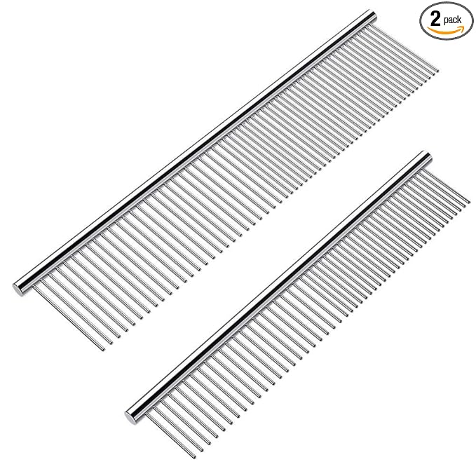 Cafhelp 2 Pack Dog Combs with Rounded Ends Stainless Steel Teeth, Cat Comb for Removing Tangles and Knots, Professional Grooming Tool for Long and Short Haired Dog, Cat and other pets, 6.3IN/7.4IN