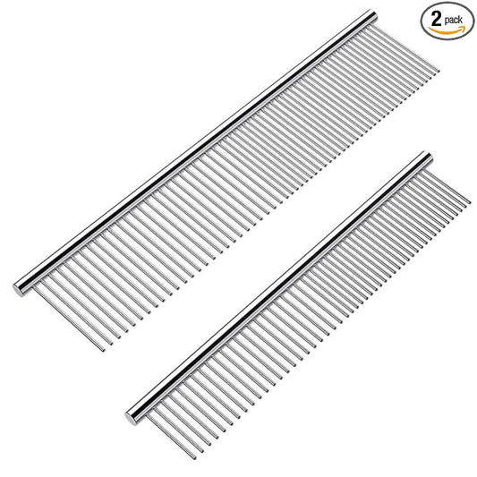 Cafhelp 2 Pack Dog Combs with Rounded Ends Stainless Steel Teeth, Cat Comb for Removing Tangles and Knots, Professional Grooming Tool for Long and Short Haired Dog, Cat and other pets, 6.3IN/7.4IN