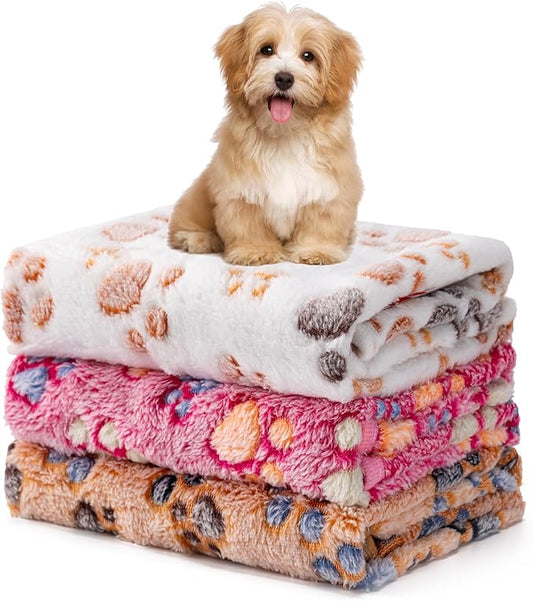 1 Pack 3 Blankets Fluffy Premium Fleece Soft Pet Blanket Flannel Throw for Cat Dog Puppy (Large 41x31'', Paw-White/Pink/Brown)
