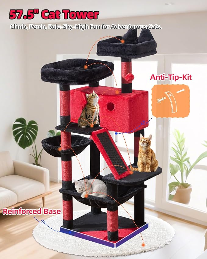 Taoqimiao Gothic Cat Tree 57.5-Inch, Cat Tower for Indoor Cats Large Adult, Extra Large Cat Condo, 8 Sisal Scratching Posts, Metal Frame Cozy Hammock, Durable Scratch Board, 2 Top Perches, MS026BR