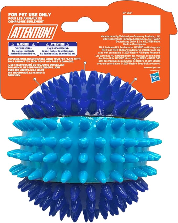 Nerf Dog 3.7in TPR 3-Part Spike Squeak Ball Dog Toy - Dark Blue/Light Blue (Pack of 2)
