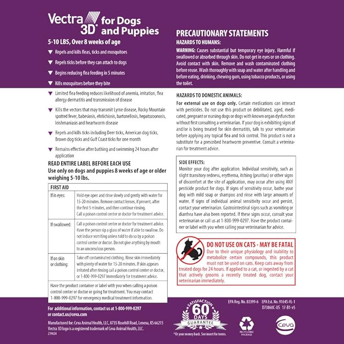 Vectra 3D Flea and Tick Prevention for Dogs, Kills and Repels Fleas, Ticks & Mosquitoes | Fast‑Acting, Waterproof, No Prescription Needed | Extra Small Dogs 5-10 lbs, 3‑Month Supply