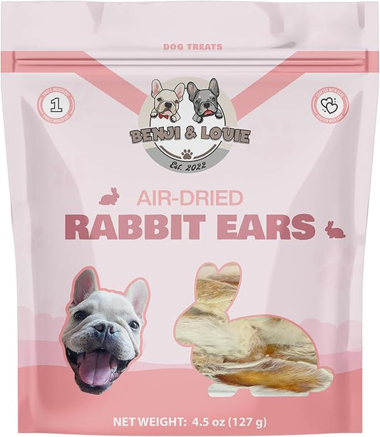 Benji & Louie Air Dried Whole Rabbit Ears with Fur - Natural Healthy Dog Treats or Dog Chews, Single Ingredient, 4.5 oz (18 Count) (Pack of 1)