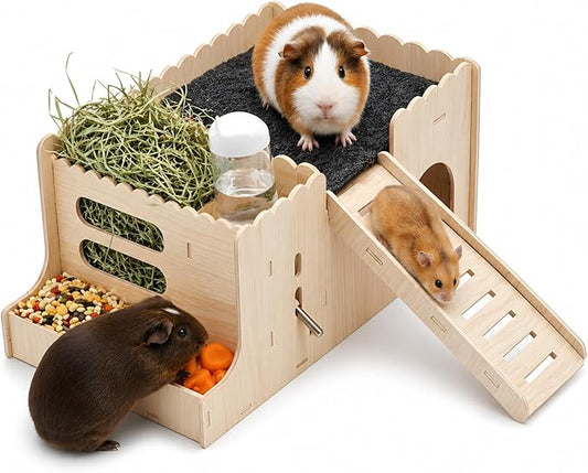 Large Guinea Pig Hideout, Hamster Hideout, with ramp, Easy to Assemble, Sturdy Wooden Small Animal Bed Platform, with Water Bottle, Granary, Used for Small Animal House Habitat or Hamster Hideout