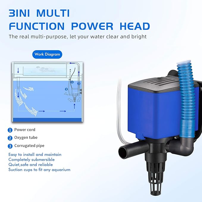 320 GPH Powerhead Submersible Pump - 3 in 1 Aquarium Fish Tank Pump with Oxygenation, Filtration & Water Cycling, 3.9 ft max lift, 20W - 4 Pack