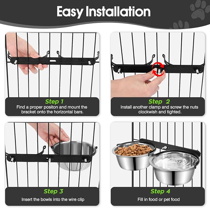 Dog Crate Water Bowl No Spill, 2 Pack Pet Stainless Steel Kennel Food Bowls | Hanging Non-tipped Design, Holds 27oz/Bowl, Promotes Elevated Feeding, for Kennel & Cage, Durable Metal Construction